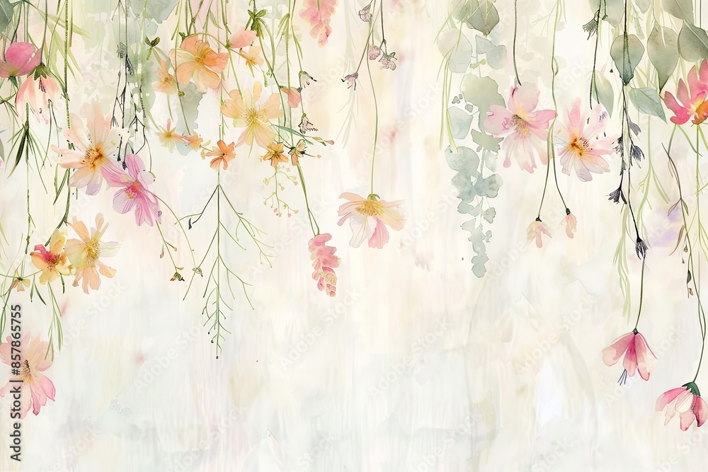 Sticker Pastel Wildflowers Hanging in Watercolor Pattern: Description: A pastel-themed watercolor pattern with hanging wildflowers