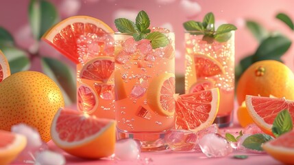 Refreshing Grapefruit Drinks With Ice and Mint