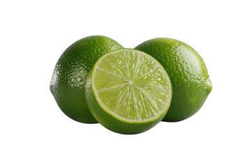 Two whole limes and one lime cut in half, isolated on black background.