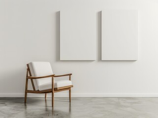 Mockup of an interior with a chair for visitors or staff members, posters template on white wall for branding or advertising. Mockup of paintings on frames in a museum or gallery. 3D Illustration.