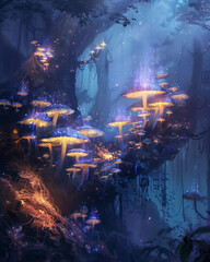 Obraz premium glowing mushrooms illuminating an enchanted forest with mystical light and vibrant colors, a magical scene in a dark forest