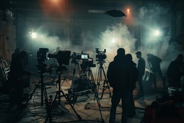 Production concept of people setting cameras and lighting for online video shooting. Silhouettes of people in studio setting up equipment.