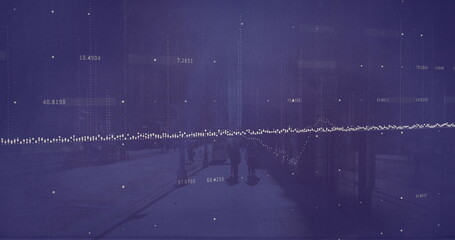 Image of dots, changing numbers and graphs over people walking on street