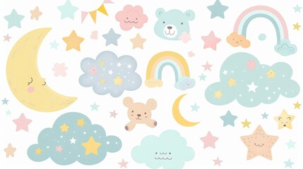 This modern cartoon set of cartoon moon and stars features a moon, rainbow, cloud, planet, and star clipart set for baby room decoration.