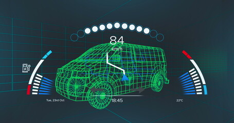 Image of car interface over digital van on black background