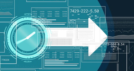 Image of neon ticking clock and arrow icons against interface with data processing