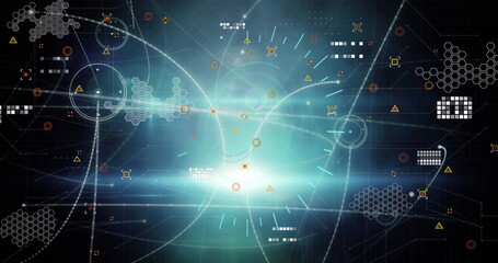 Image of neon ticking clock and round scanner over network of connections and data processing