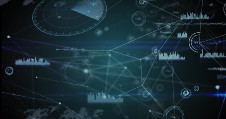 Image of network of connections and data processing against light trails on blue background