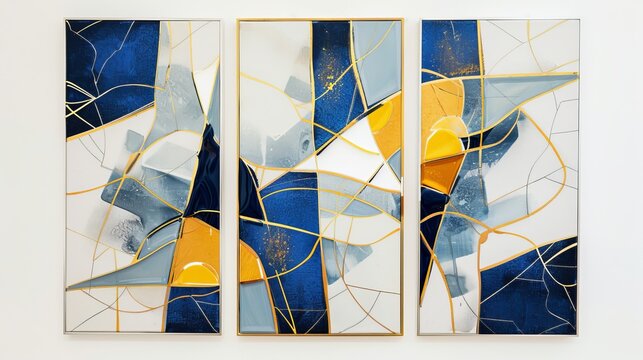 Three posters featuring geometric abstract art in yellow, blue, and cyan colors