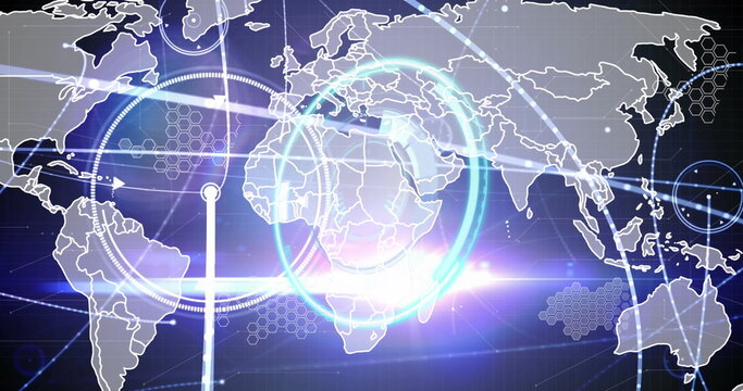 Image of neon round scanner and network of connections against light spot over world map