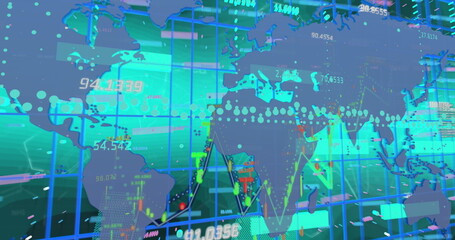 Image of statistics and data processing with world map