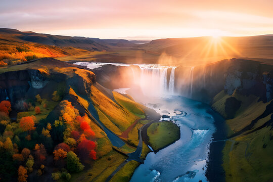 aerial drone view capturing sky gafoss waterfall bathed in the warm glow of sunrise surrounded