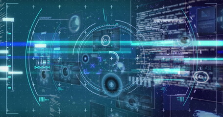 Image of circles over radars, computer language against black background