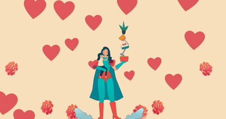 Image of superhero mother with daughter and heart icons over flowers on beige background