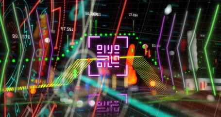 Image of neon qr code scanner and financial data processing against night city traffic
