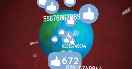 Naklejka premium Image of changing numbers and thumbs up icons over globe against abstract background