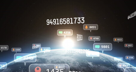 Image of changing numbers and social media icons floating against globe and light spot