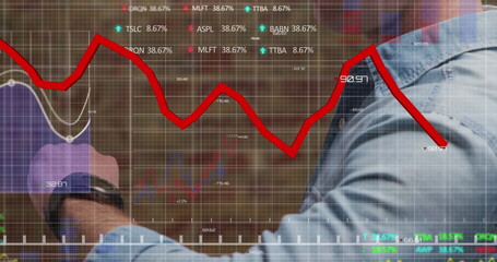 Image of stock market data processing over mid section of caucasian man using smartwatch
