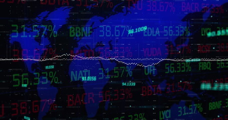 Image of stock market data processing over world map against black background