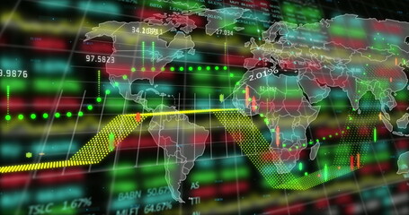 Image of financial and stock market data processing over world map against black background