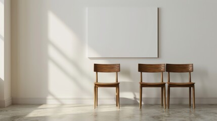 The 3D image shows a canvas mockup on wooden chairs in an empty room.