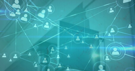 Image of network of connections with icons over building