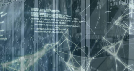Obraz premium Image of connected dots and computer language over server room in background
