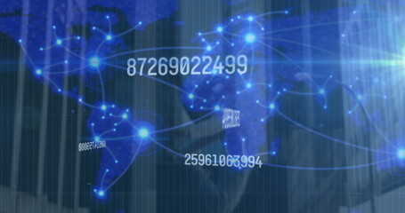 Image of changing numbers and connected dots over map against dancer jumping in background