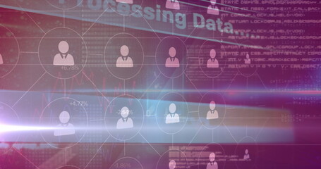 Image of network of profile icons and light trails against purple gradient background