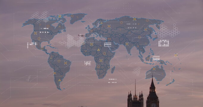Image of world map and data processing against aerial view of london city
