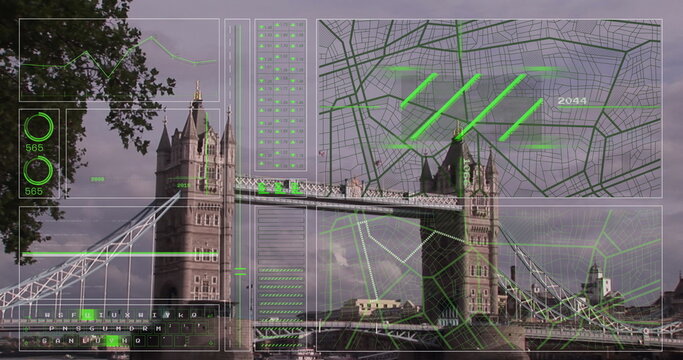 Image of interface with data processing against view of london bridge - Powered by Adobe