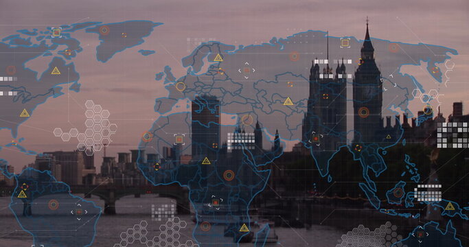 Image of world map and data processing against aerial view of london city