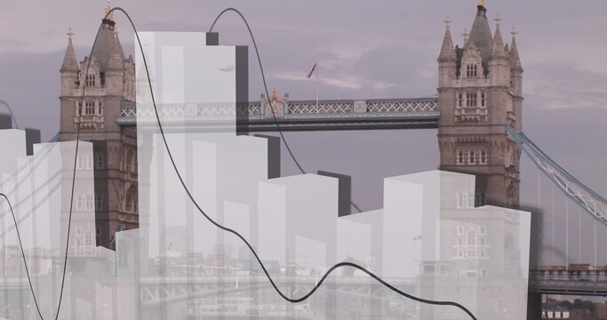 Image of statistical data processing against view of london bridge