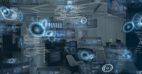 Image of multiple round scanners and data processing against empty office