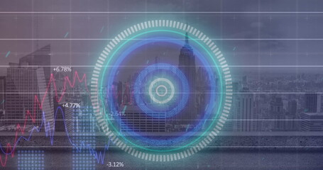 Image of illuminated circles, multiple graphs over modern city against cloudy sky