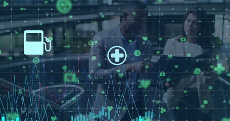 Image of financial data processing over diverse business people