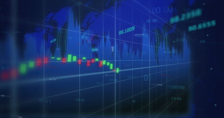 Image of financial data processing over world map