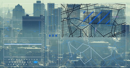 Image of data processing over cityscape