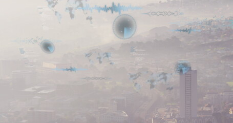 Image of data processing against aerial view of cityscape