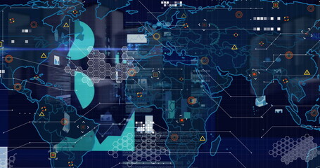 Image of world map, statistics and financial data processing