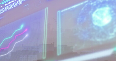 Image of interface with data processing against aerial view of cityscape