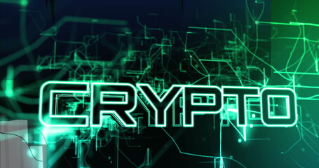 Image of crypto currency text and financial data processing