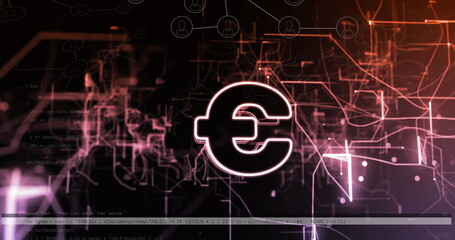 Image of vhs effect over euro symbol against data processing and glowing light trails