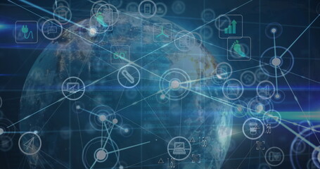Image of network of connections and digital icons over spinning globe and blue light trails
