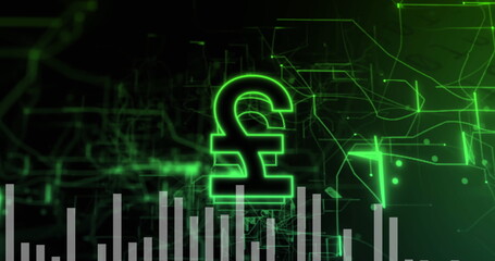 Image of pound currency sign and financial data processing