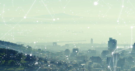 Image of interface with data processing and network of connections over aerial view of cityscape