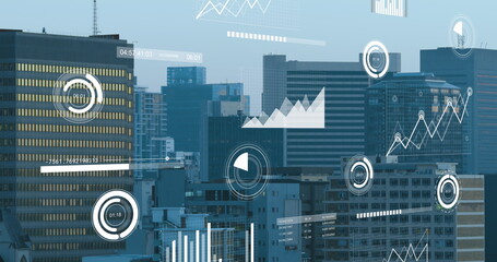 Image of financial data processing over cityscape