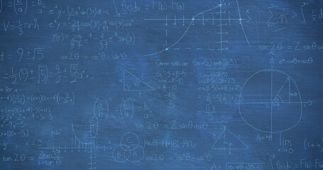 Image of mathematical data processing over blue background