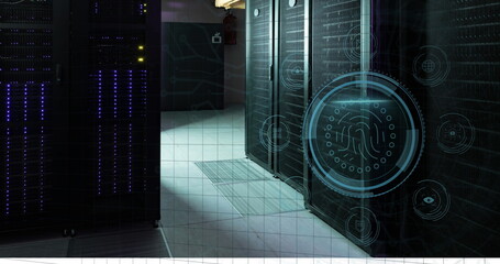 Image of digital icons and fingerprint biometric scanner against computer server room