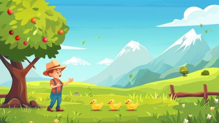 Obraz premium Cartoon illustration of a boy playing with ducks on a farm. Illustration shows active child running on grass, cute domestic birds on grass, flowers on bushes, a house in the valley, rural childhood.